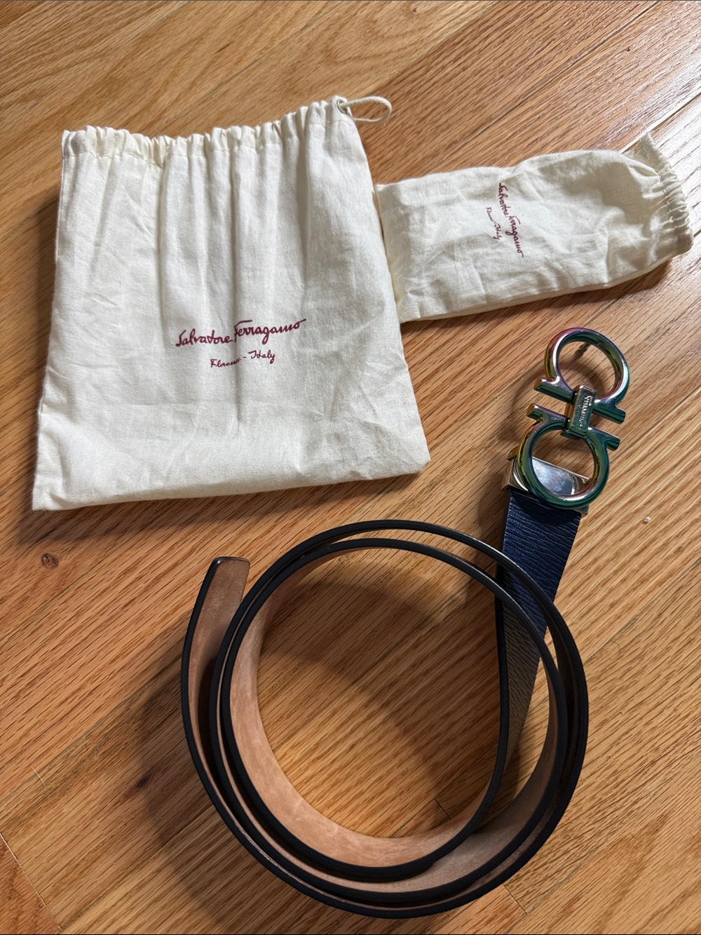 Salvatore Ferragamo Navy Leather Belt with Iridescent Gold-Silver Gancio Buckle